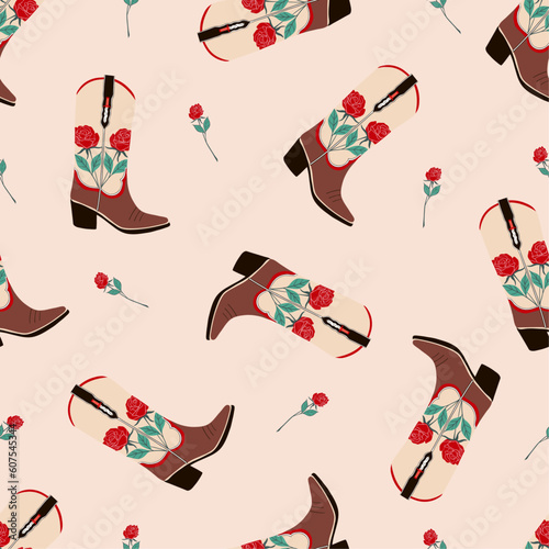 Seamless pattern with cowboy boots and rose. Cowboy western and wild west theme. Hand drawn colored vector set. All elements are isolated