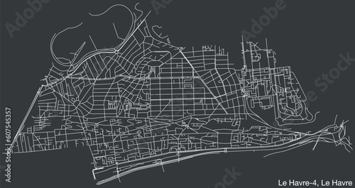 Detailed hand-drawn navigational urban street roads map of the LE HAVRE-4 CANTON of the French city of LE HAVRE, France with vivid road lines and name tag on solid background