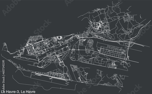 Detailed hand-drawn navigational urban street roads map of the LE HAVRE-3 CANTON of the French city of LE HAVRE, France with vivid road lines and name tag on solid background