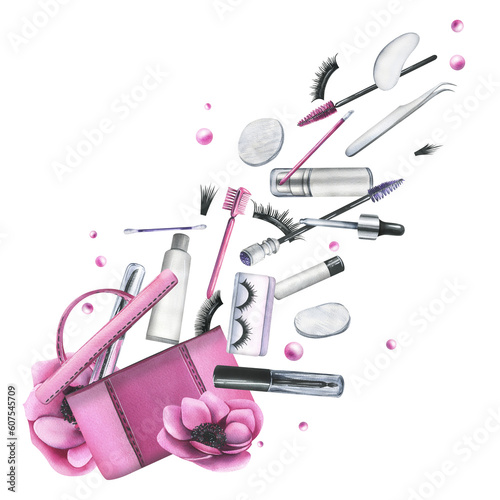 Pink cosmetic bag with anemone flowers and various decorative and skin care cosmetics. Watercolor illustration, hand drawn. Isolated composition on a white background.