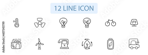 Collection of vector icons representing ecological energy. Renewable energy, sustainability, green power. Pastel color background. Vector 12 line icon for business