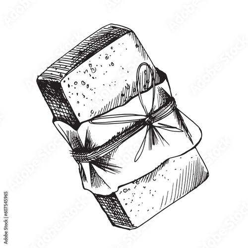 A bar of handmade soap wrapped in craft paper and jute rope. The illustration is hand drawn in black ink, graphic. EPS vector. Isolated object on a white background.