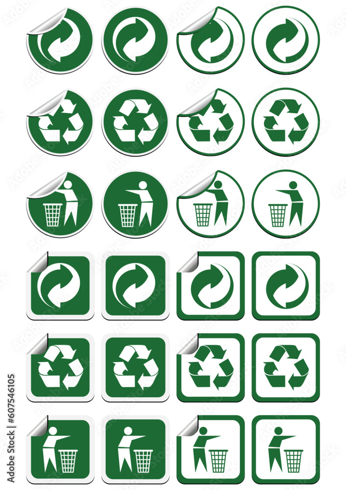 Square and round recycle symbol stickers with and without curl Square and round recycle symbol stickers with and without curl
