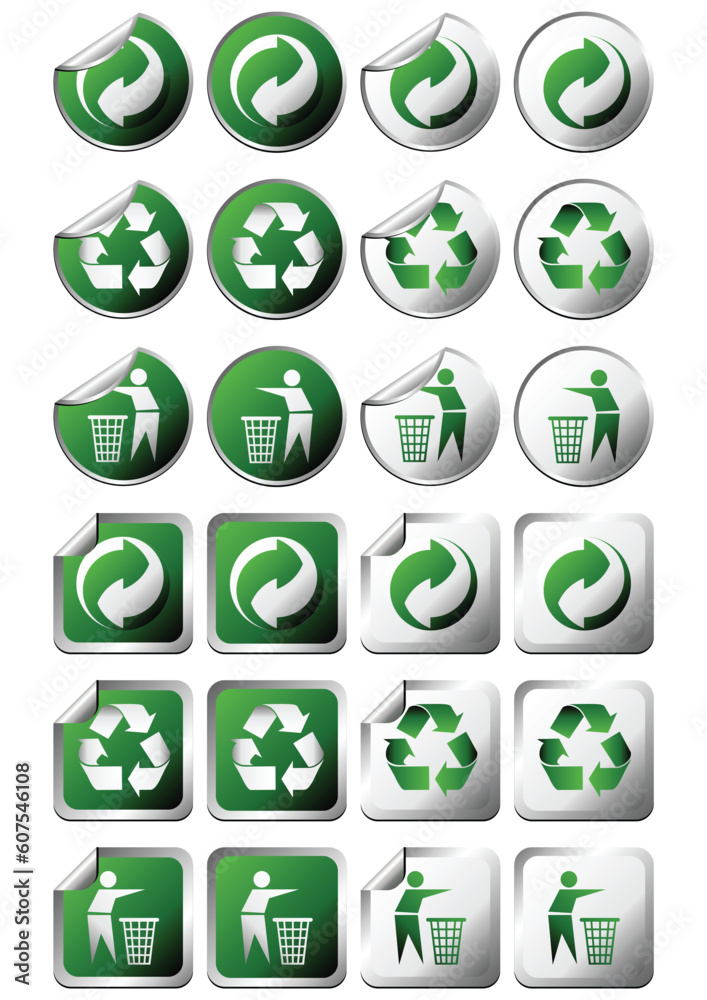 Square and round recycle symbol stickers with and without curl Square and round recycle symbol stickers with and without curl