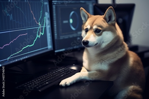 Dog and stock chart in the background. Use technology cryptocurrency blockchain. with Capital Gain, Fundamental. Dogecoin. High quality photo .  Generative AI photo