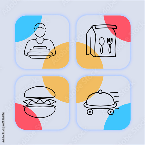 Set of vector icons representing fast food. Burger, pizza, fries, hot dog, soda, sandwich, chicken nuggets, ice cream. Pastel color background. Vector line icon for business