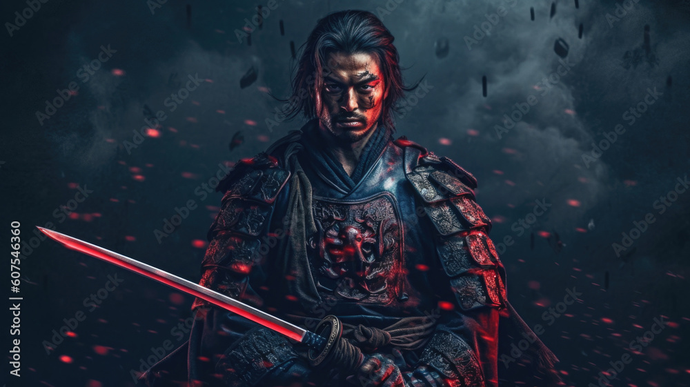Naklejka premium Male asian warrior portrait. Samurai in traditional armor. Created with Generative AI