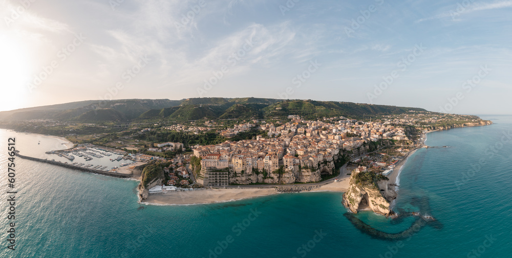 Aerial panoramic view of Tropea, Calabria, Italy with the old town, harbor, and beach. Ultra High-Resolution Panorama