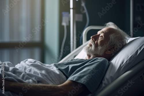 Fotografia Elderly patient sleeping on bed in hospital ward