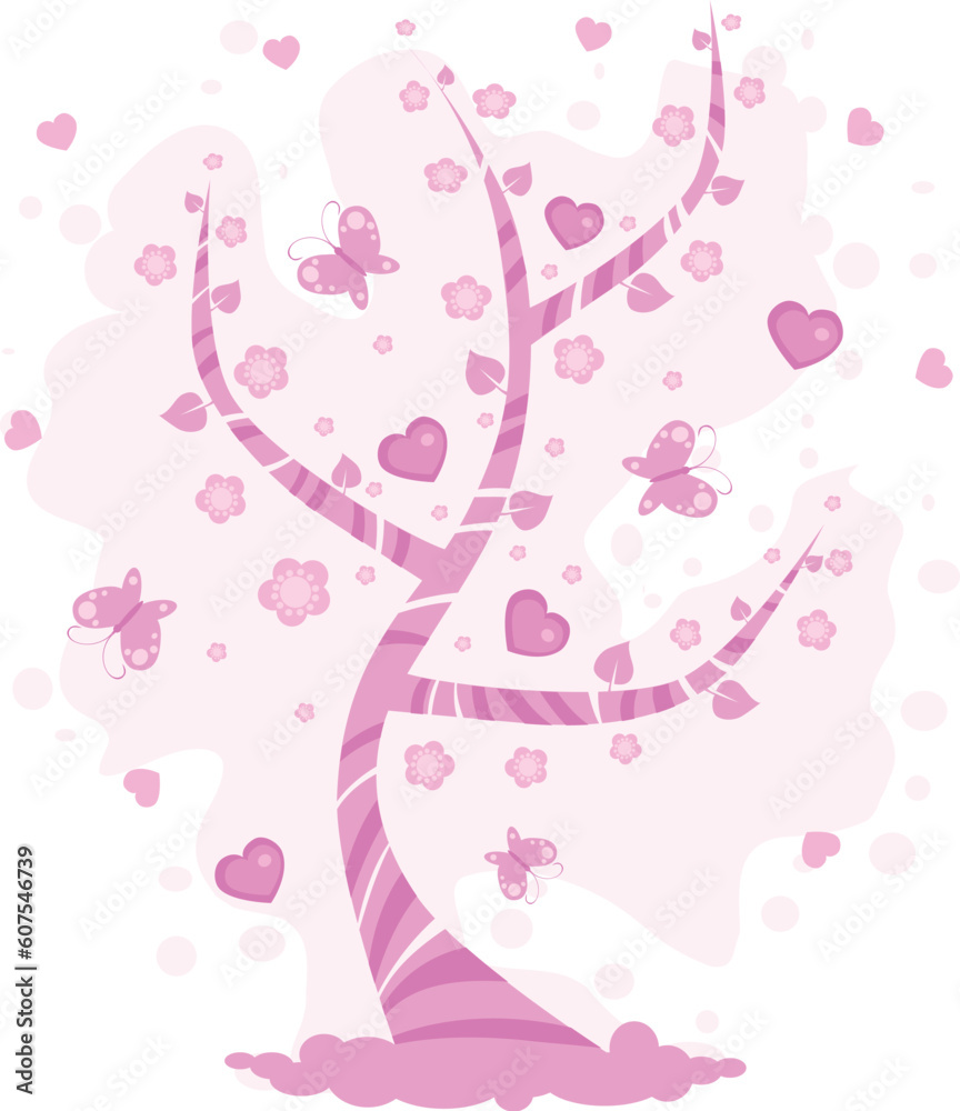 Fototapeta premium Spring tree with butterfly and pink hearts