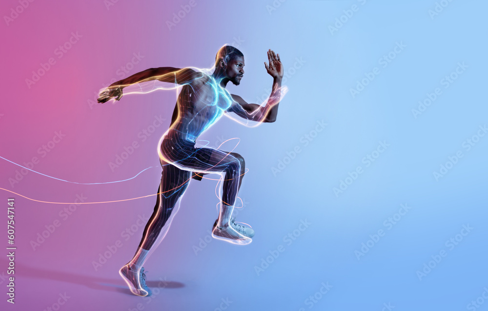 Determined young black sportsman running race in neon lighting with glowing body silhouette, empty space