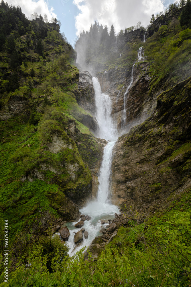 Fototapeta premium Sommer in den Alpen mit Wiesen, Wasserfällen und Gletschern