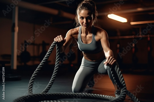 A woman is holding a rope in a gym created with Generative AI technology