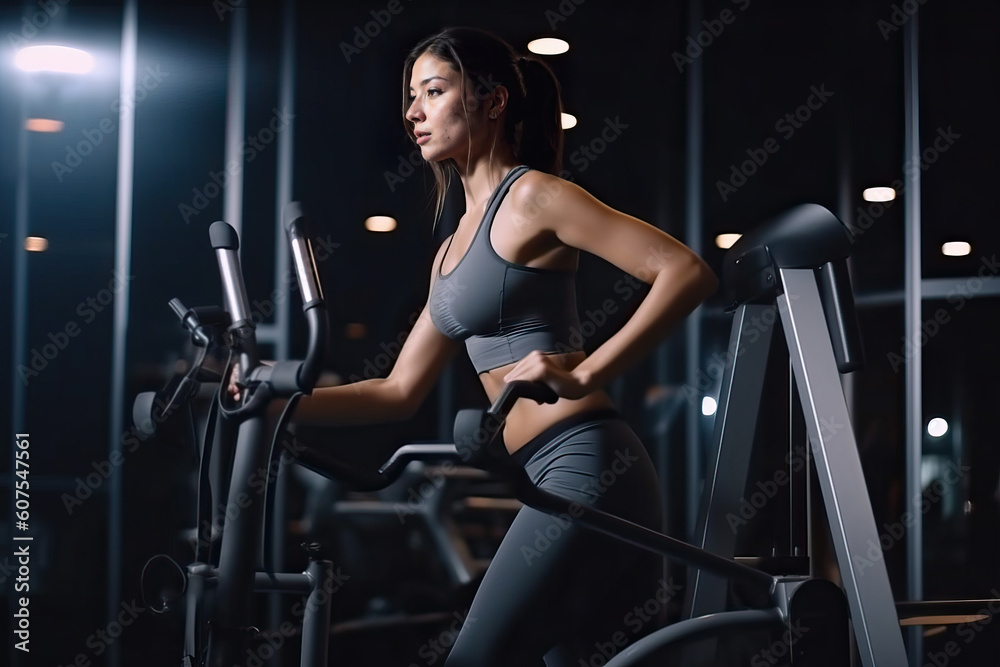 A woman is running on a treadmill created with Generative AI technology A woman is running on a treadmill created with Generative AI technology