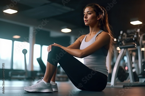 A woman sitting on the ground in a gym created with Generative AI technology