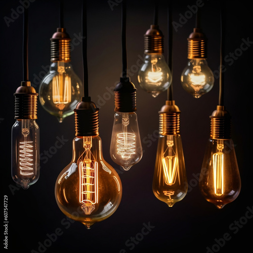 Vintage Edison Light Bulbs Illuminated in Dark Environment, generative AI