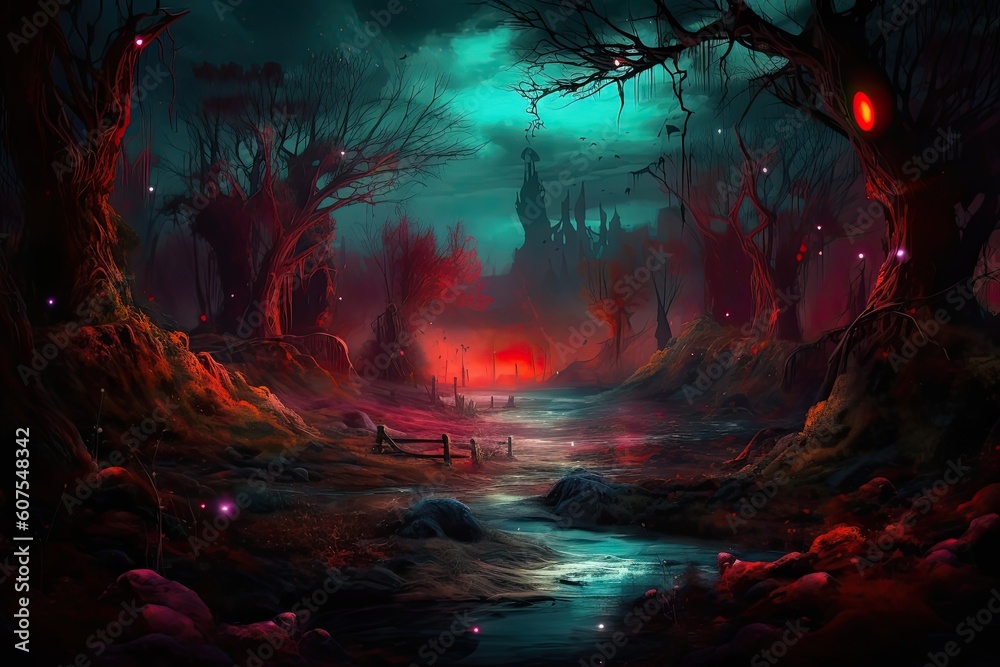 Fantasy, mystical landscape. Strange spooky magical arthouse style forest