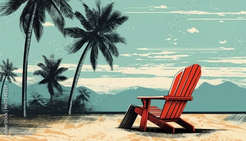 From under a coconut tree is a long beach chair.  Illustration  Generative AI 