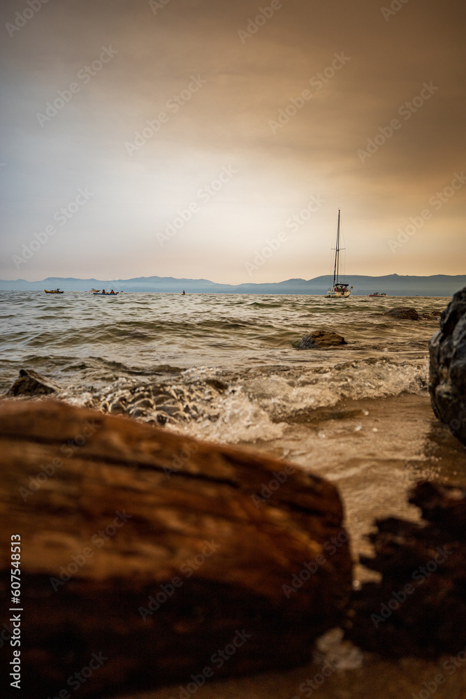 View of the smokey skies at Lake Tahoe caused by fires in California