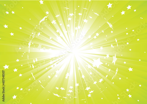 Vector illustration of Green Abstract background with light rays and burst of stars
