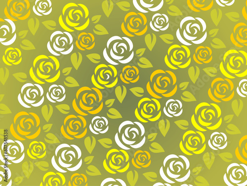Stylized white and yellow roses pattern on a black background.