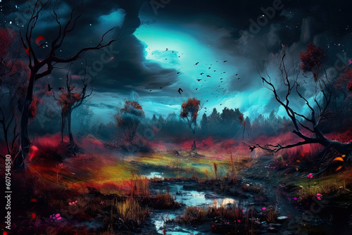 Fantasy, mystical landscape. Strange spooky magical arthouse style forest