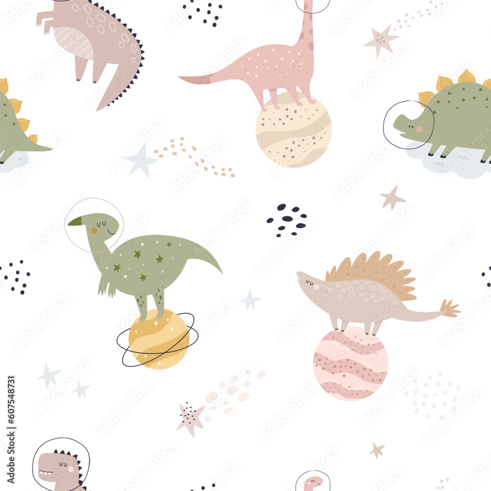 Space, cosmic seamless pattern with funny dinosaurs and hand drawn elements. Explore the universe concept
