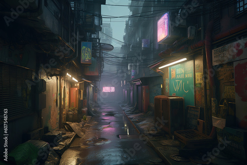 a dark alley with graffiti on the walls, cyberpunk, generative ai 