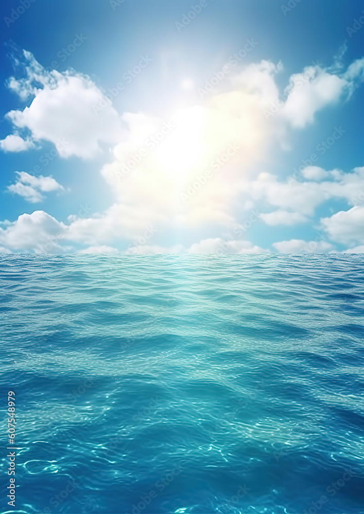 Blue sea ocean water surface and underwater with sunny and cloudy sky, seascape summer background wallpaper, generative ai Blue sea ocean water surface and underwater with sunny and cloudy sky, seascape summer background wallpaper, generative ai