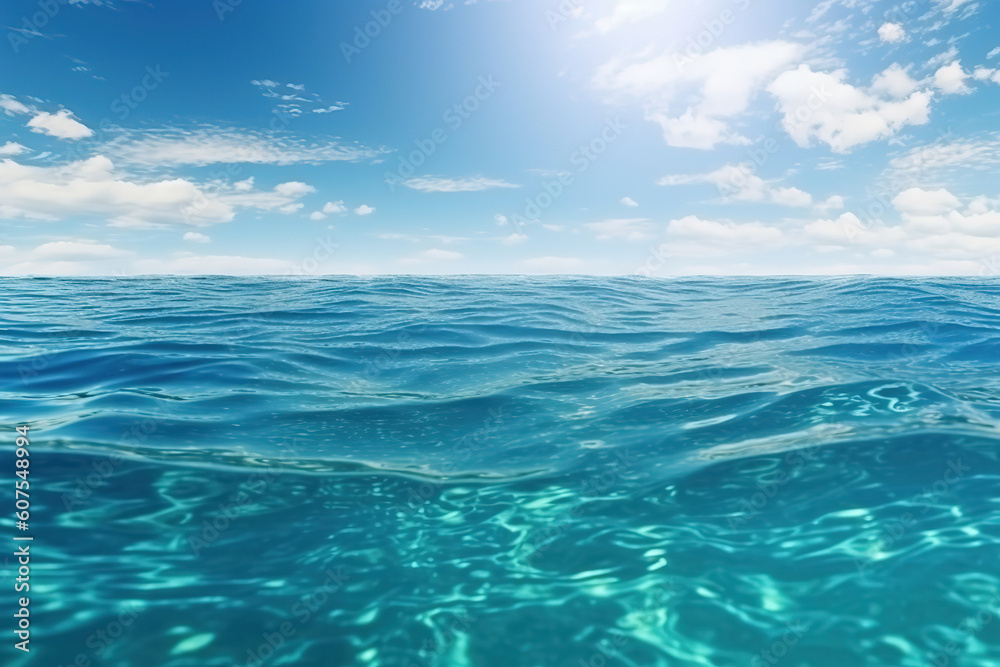 Blue sea ocean water surface and underwater with sunny and cloudy sky, seascape summer background wallpaper, generative ai 
