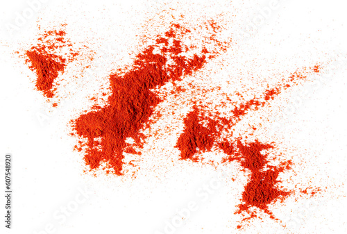 Pile of red paprika powder isolated on white background, top view