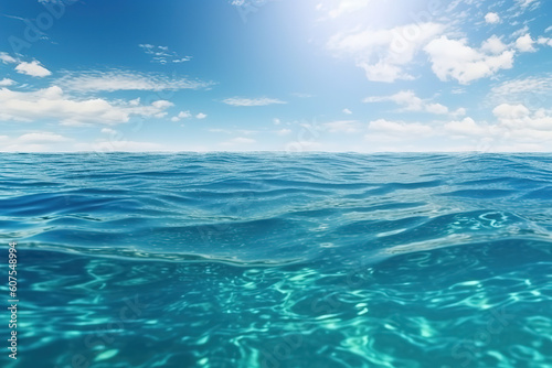 Blue sea ocean water surface and underwater with sunny and cloudy sky, seascape summer background wallpaper, generative ai 