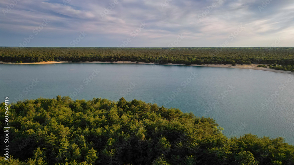 Aerial shot of the blue hole lakes along the Manumuskin river in south New Jersey.