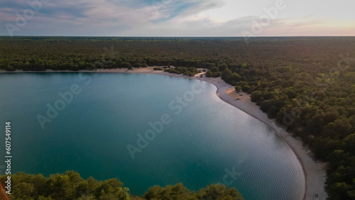 Aerial shot of the blue hole lakes along the Manumuskin river in south New Jersey.