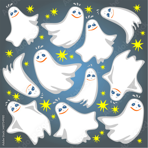 Cartoon flying ghosts on a night sky background. Halloween illustration.