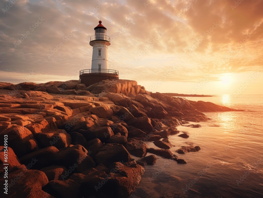 lighthouse in white and red on rocky coastline during sunset or sunrise, generative ai