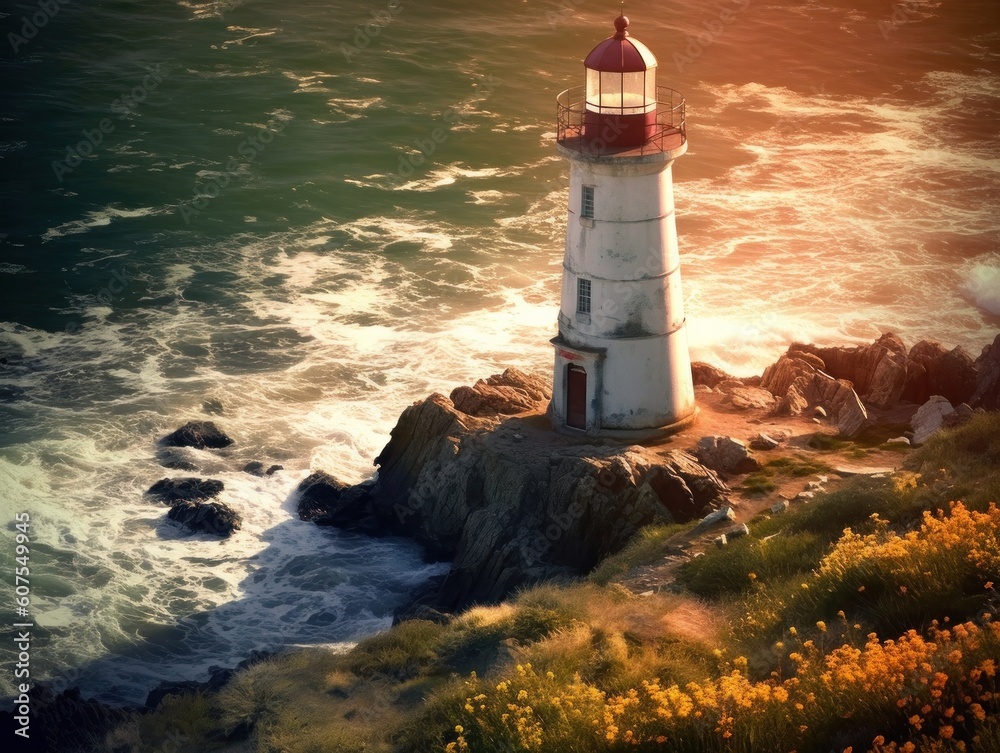 lighthouse in white and red on rocky coastline during sunset or sunrise, generative ai