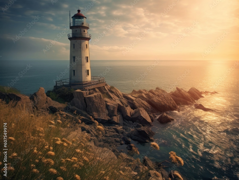 red and white lighthouse close to the sea during sunset, generative ai