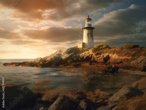 lighthouse in white and red on rocky coastline during sunset or sunrise  generative ai