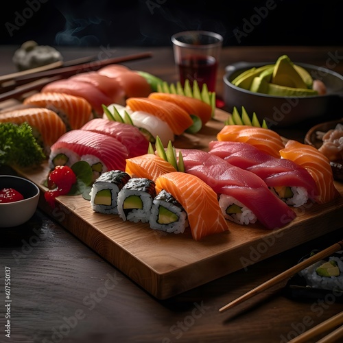 Colorful and Vibrant Sushi Platter with Salmon, Tuna, and Avocado