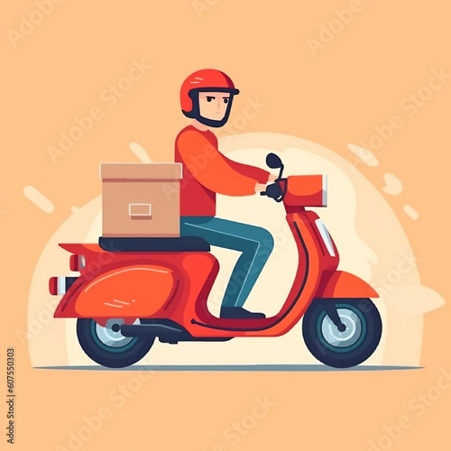 Courier on a motorbike with a delivery box in the background, generative AI © Ash