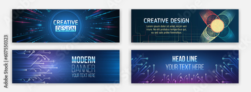 Modern banner design for medicine, internet network, artificial intelligence, big data. High-tech media cover. Technology horizontal banners set. Blue futuristic science presentation collection.