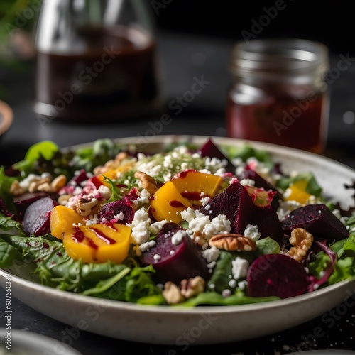 A Colorful Salad With Mixed Greens, Roasted Beets, Crumbled Feta Cheese, and a Tangy Vinaigrette Dressing photo