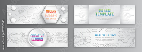 Set banner templates for websites. Abstract social media cover design. Horizontal header web background. High tech design with technological elements. Science and digital technology concept.