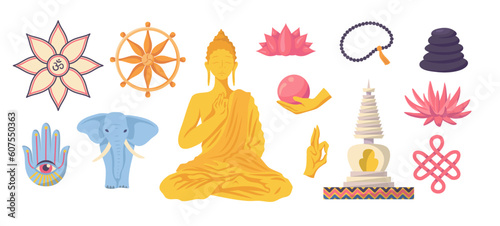 Cartoon Color Buddha Meditation Different Elements Set Concept Flat Design Style Include of Lotus, Elephant, Om Sign and Mudra. Vector illustration
