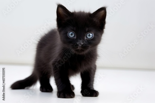 cute fluffy black kitten on white background