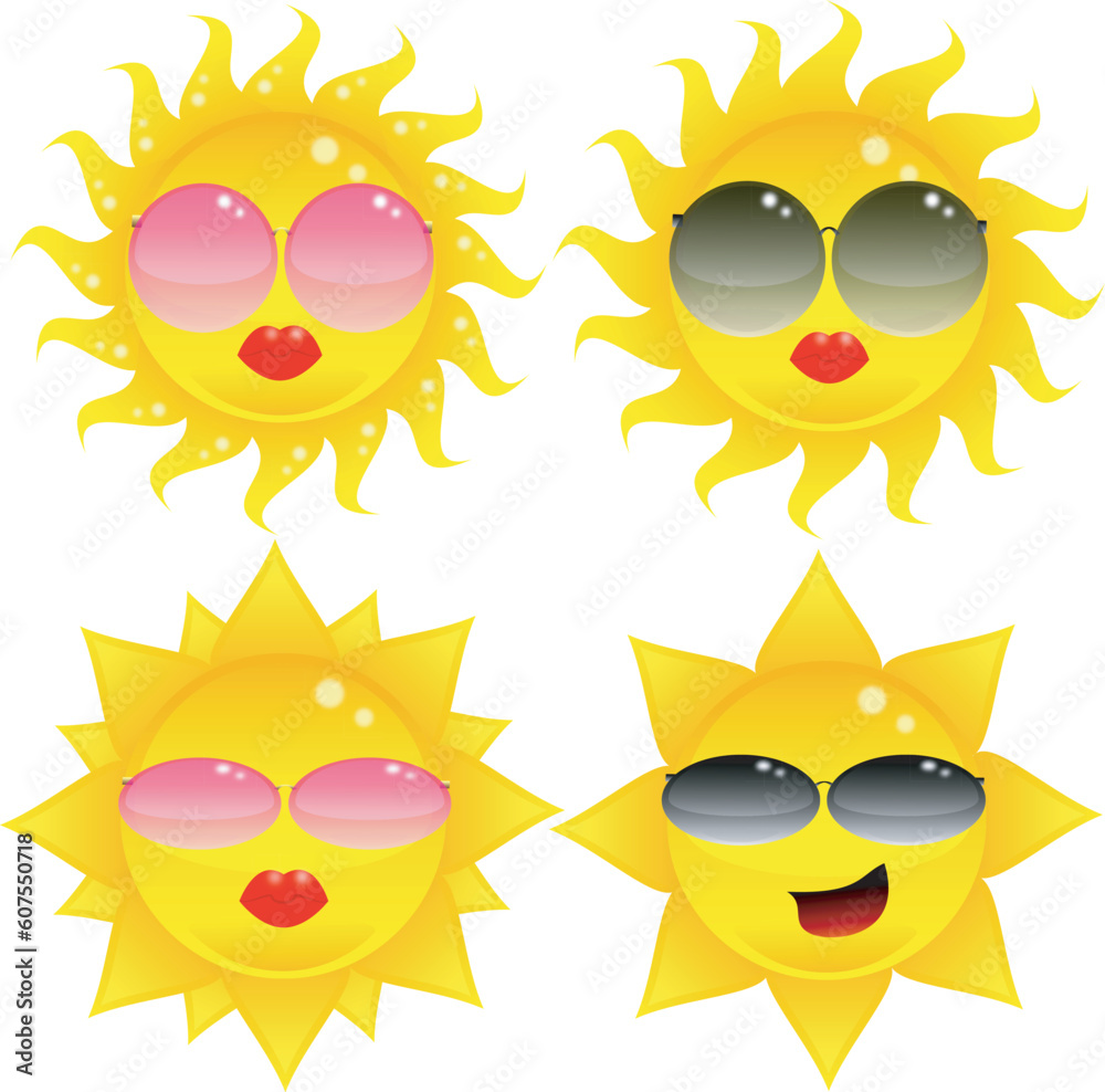 Suns with sunglasses,  isolated on the white, eps formate
