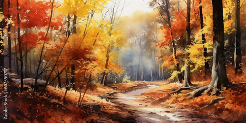 aquarelle illustration of golden autumn in the forest, ai generated