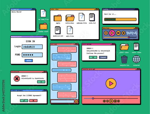 Cartoon Color Retro Browser Computer Window Elements Set Concept Flat Design Style Include of Error Message and Old Computer Icons. Vector illustration
