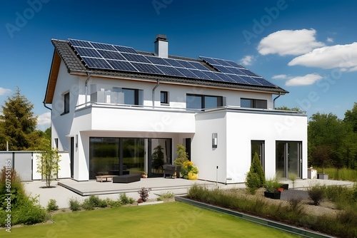 modern house with solar panels on roof on sunny day, Cinematic, Photoshoot, Shot on 65mm lens, Shutter Speed 1 4000, F 1.8 White Balance, 32k, Super-Resolution, Pro Photo RGB, Half rear Lighting, Back